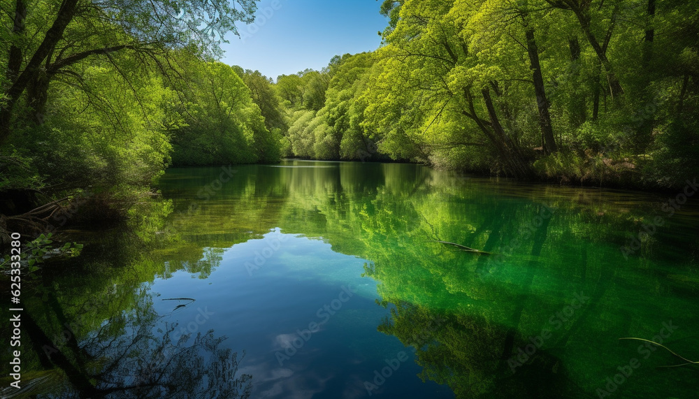 Tranquil scene of a green forest reflecting on a calm pond generated by AI