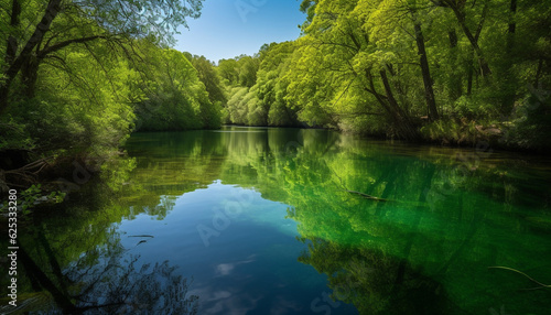 Tranquil scene of a green forest reflecting on a calm pond generated by AI © djvstock