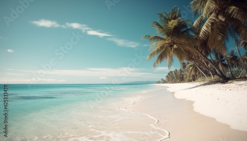 Idyllic tropical coastline, turquoise waters, palm trees, tranquil scene, relaxation generated by AI © djvstock