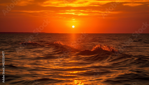 Golden horizon over tranquil waters, nature vibrant beauty on display generated by AI