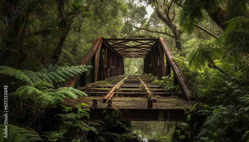 Walking through the dark wilderness, a footbridge leads to adventure generated by AI © djvstock