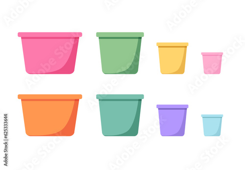 Different set of cartoon vector illustration of waste bins or containers. Concept of collecting, sorting, recycling garbage. Set of colorful flower pots