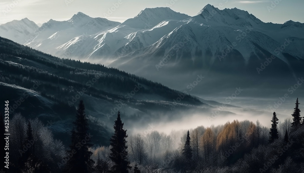 Obraz premium Majestic mountain range, tranquil scene, coniferous trees, back lit sunset generated by AI