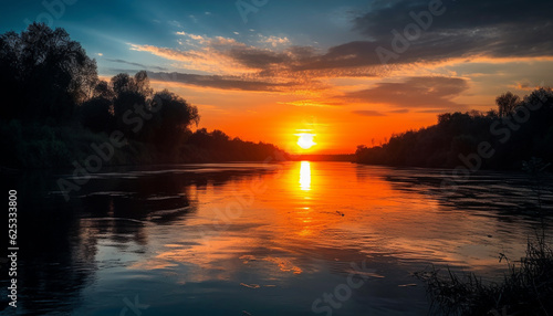 Vibrant sunset over tranquil horizon  reflecting nature beauty outdoors generated by AI