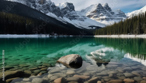 Tranquil scene of Moraine Lake reflects majestic Rocky Mountains beauty generated by AI