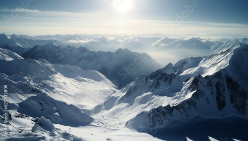 High up in the majestic mountain range, a tranquil winter landscape generated by AI