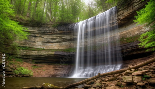 Tranquil scene of majestic waterfall in Alberta tropical rainforest generated by AI