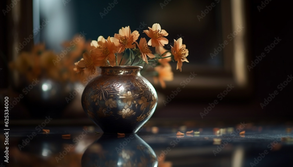 Obraz premium Rustic elegance: a yellow blossom in an old fashioned pottery vase generated by AI