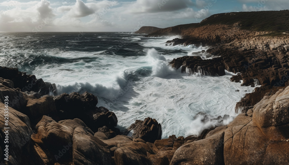 Idyllic seascape: crashing waves on rocky coastline, natural beauty abounds generated by AI