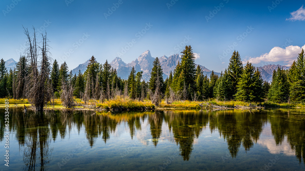 Landscape Photo of the view of the Grand Tetons from Schwabacher Landing in Grand Teton National Park, Wyoming, USA