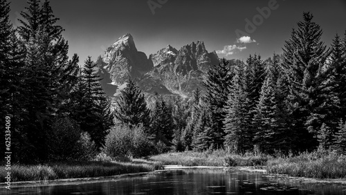 Black and White Landscape Photo of the view of the Grand Tetons from Schwabacher Landing in Grand Teton National Park, Wyoming, USA