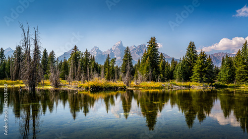 Landscape Photo of the view of the Grand Tetons from Schwabacher Landing in Grand Teton National Park, Wyoming, USA