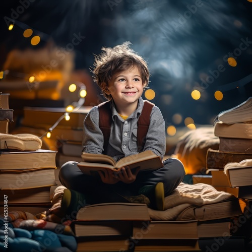 Back-to-School Bookworm: Smiling Child Embraces Reading.Enthusiastic Reader: Young Boy Smiling on the First Day of School