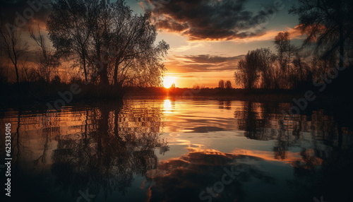 Tranquil sunset reflects beauty in nature, serene atmosphere over water generated by AI