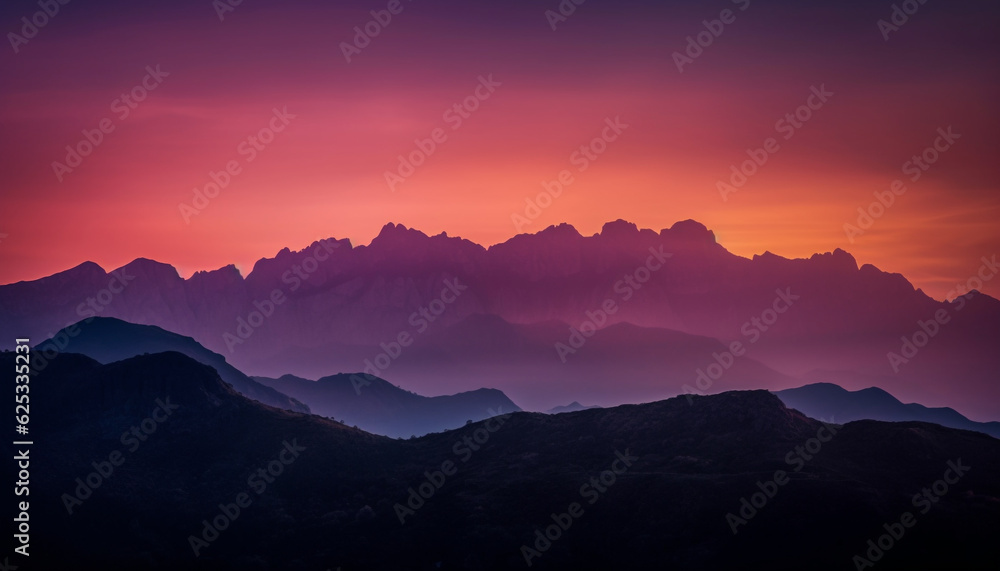 Majestic mountain range silhouette at dusk, tranquil beauty in nature generated by AI