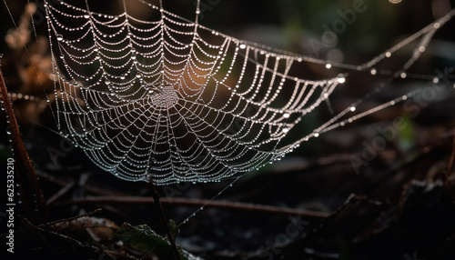 Spider web glistens with dew on wet autumn leaf outdoors generated by AI