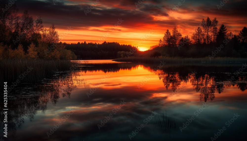 Vibrant sunset reflects tranquil scene over water in idyllic landscape generated by AI