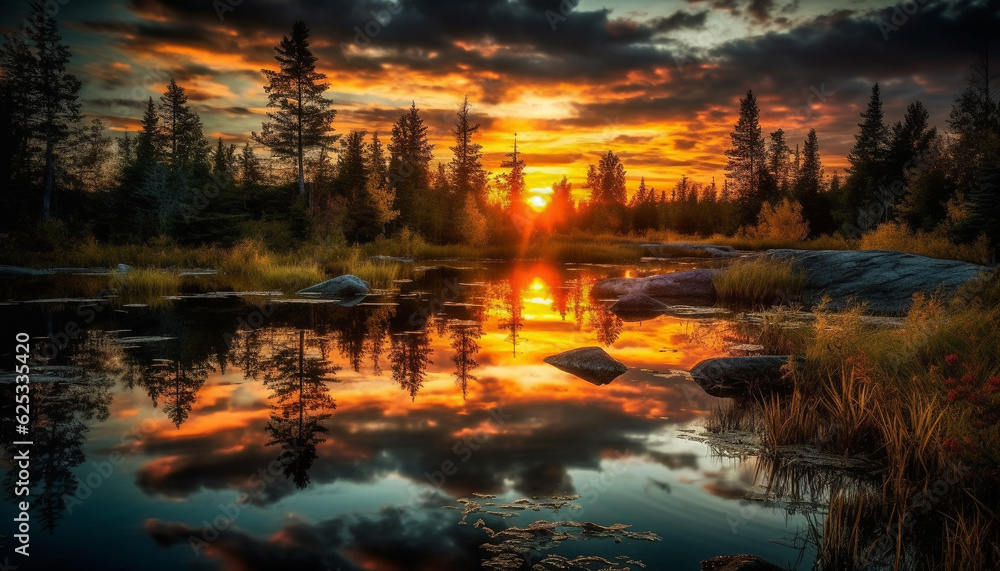 Vibrant sunset reflects tranquil beauty in nature wilderness landscape generated by AI Vibrant sunset reflects tranquil beauty in nature wilderness landscape generated by AI