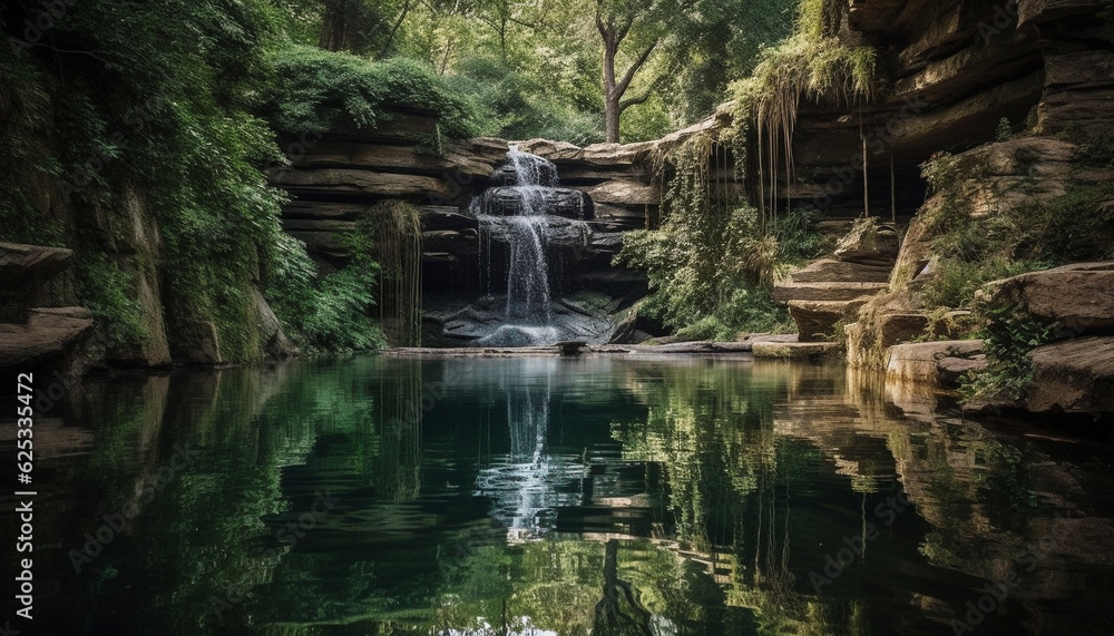 Fototapeta premium Tranquil tropical rainforest landscape, flowing water, green growth, pure beauty generated by AI