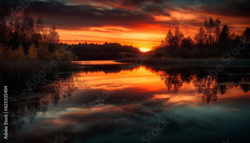 Vibrant sunset reflects tranquil scene over water in idyllic landscape generated by AI © djvstock