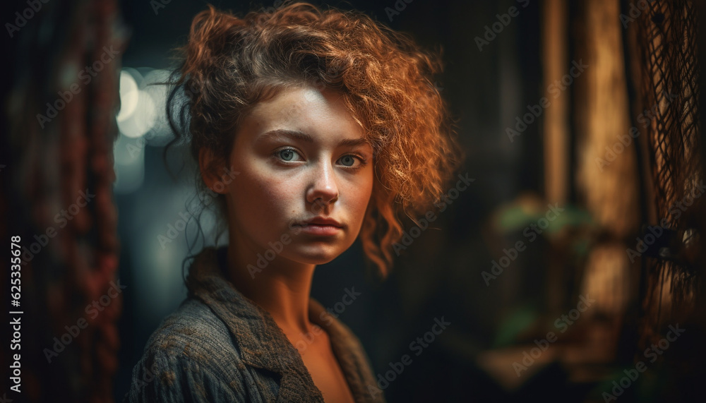 Beautiful young woman with curly brown hair looking confidently at camera generated by AI