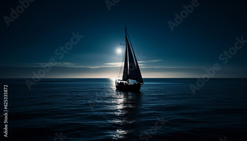 Sailing yacht glides on tranquil seascape at sunset, pure beauty generated by AI