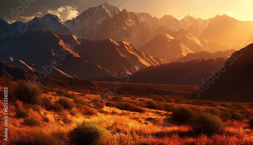 Majestic mountain range  tranquil meadow  backlit by sunrise warmth generated by AI