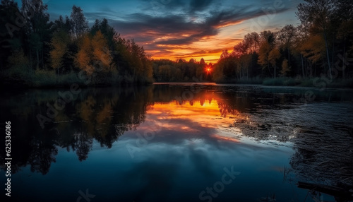 Vibrant colors reflect in tranquil pond at dusk in wilderness generated by AI