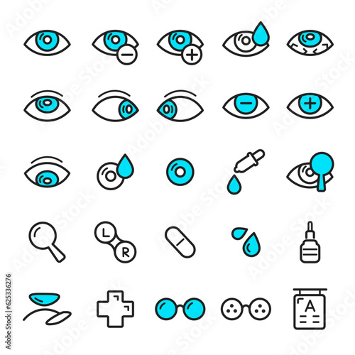 Ophthalmology line icons set. Vision test, choice of glasses, flat icons collection for laser vision correction. Oculist consultation. Vector illustration