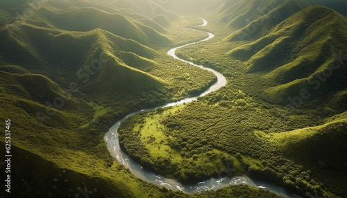 Green mountain range reflects tranquil beauty in nature, above farm generated by AI