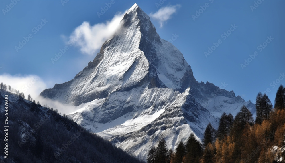Obraz premium Majestic snowcapped mountain peak in tranquil, idyllic wilderness area generated by AI