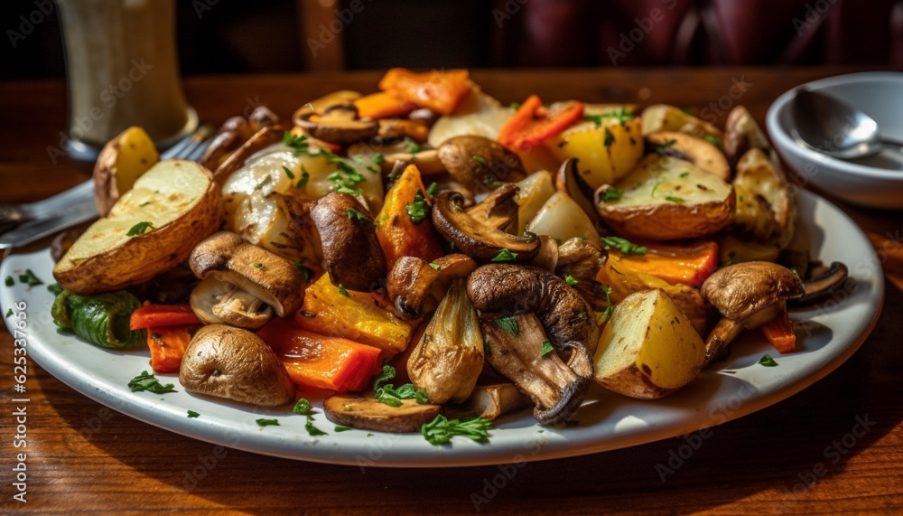 Grilled vegetarian meal on rustic wood plate, fresh and healthy generated by AI Grilled vegetarian meal on rustic wood plate, fresh and healthy generated by AI