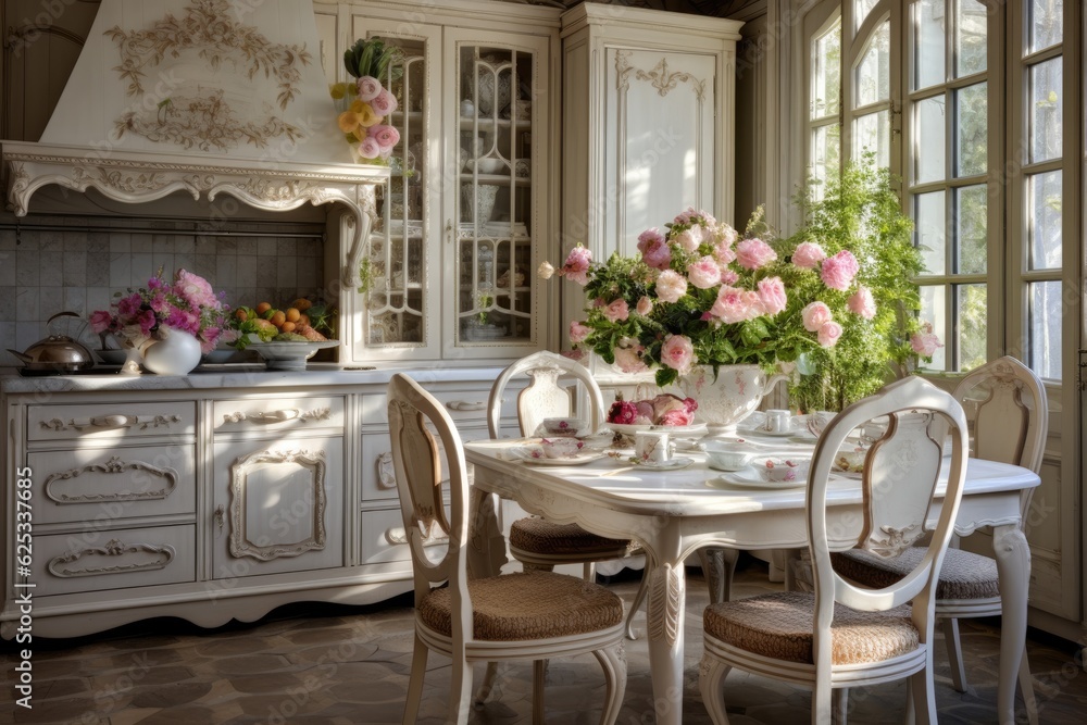 Sunny living room with big bouquet on round table, interior in Provence style. ai generative Sunny living room with big bouquet on round table, interior in Provence style. ai generative
