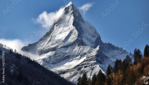 Majestic snowcapped mountain peak in tranquil, idyllic wilderness area generated by AI