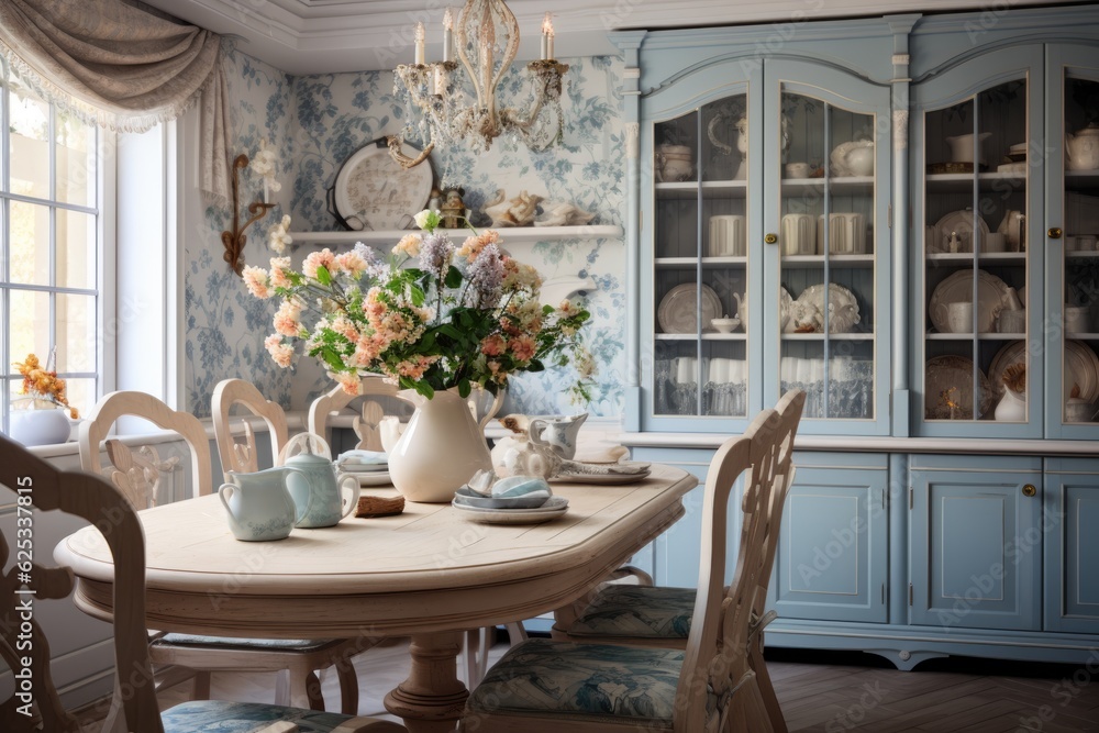 Sunny living room with big bouquet on round table, interior in Provence style. ai generative