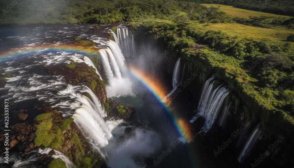 Fototapeta premium Majestic mountain range, flowing water, rainbow, idyllic sunset beauty generated by AI