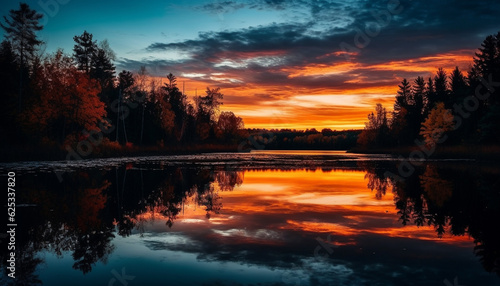 Vibrant sunset reflects tranquil beauty in nature, silhouetting forest landscape generated by AI