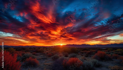 Vibrant sunset over majestic mountain range, tranquil rural scene beauty generated by AI © djvstock
