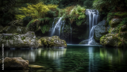 Tranquil scene of a tropical rainforest with flowing water and beauty generated by AI