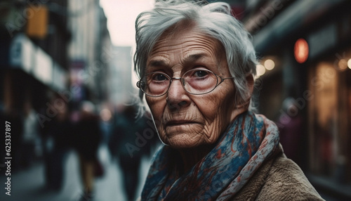 Smiling senior woman with gray hair walking outdoors in city generated by AI © djvstock