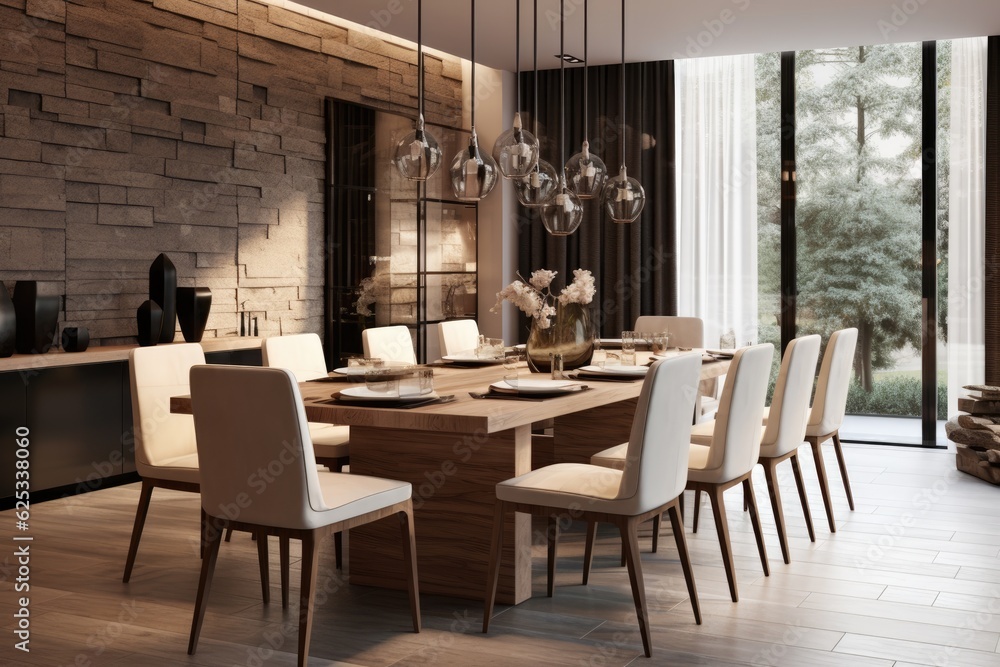Bright spacious dining room with wooden big table. ai generative