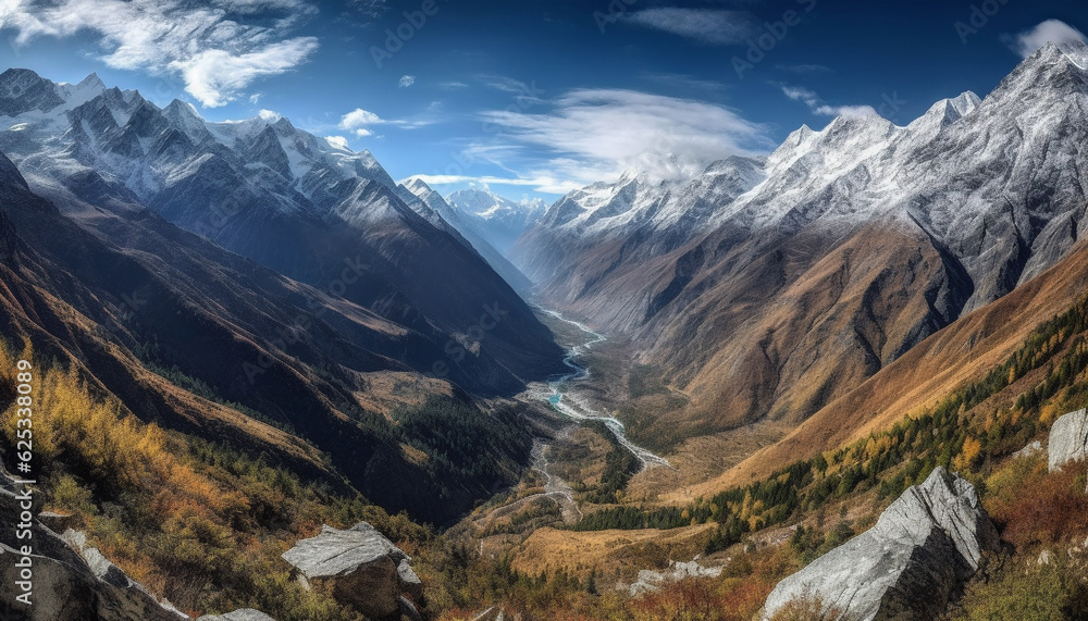 Tranquil scene of majestic mountain range in autumn, perfect for hiking generated by AI