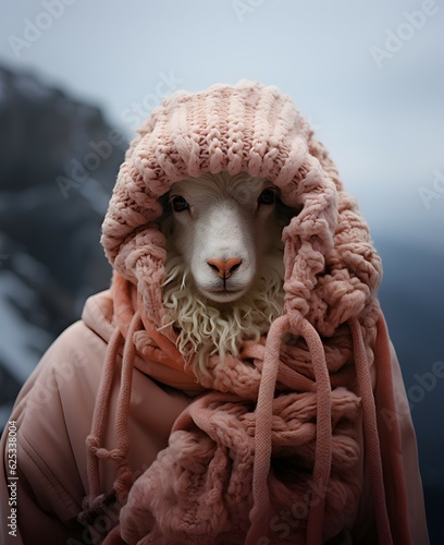 Sheep wearing pink knitwear hoodie made from wool, winter fashion collection commercial, AI generated concept	