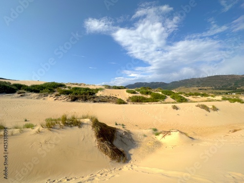 view of the high sand dunes of Valdevaqueros which are illuminated by the evening sun, Tarifa, Costa de la Luz, Andalusia, province of Cádiz, Spain, Travel, Tourism