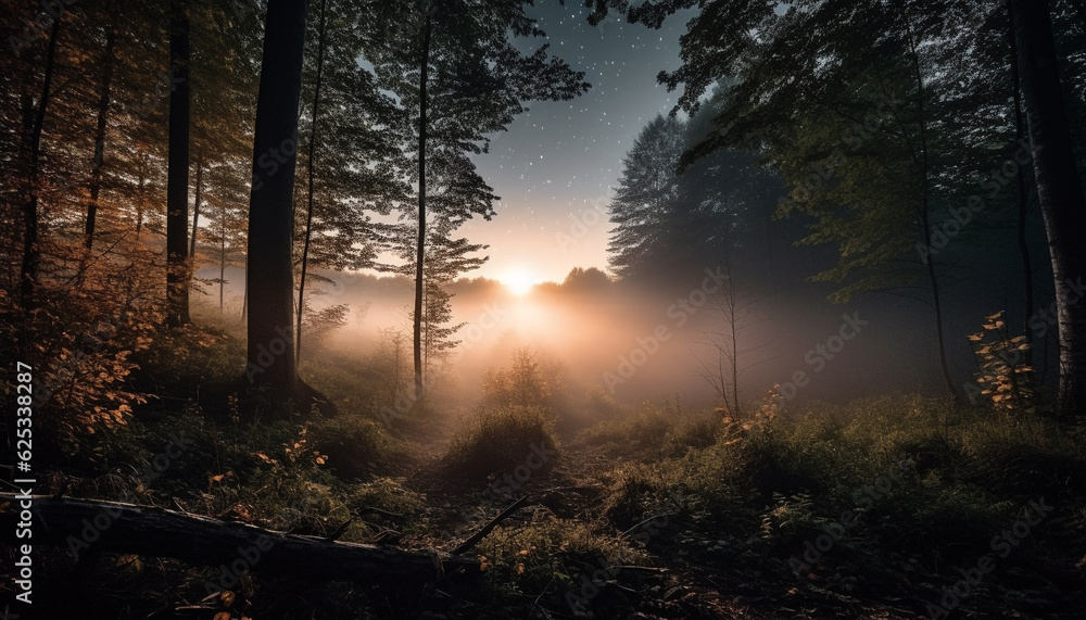 Tranquil forest landscape, mysterious beauty in nature at dawn generated by AI Tranquil forest landscape, mysterious beauty in nature at dawn generated by AI