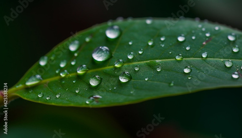 Vibrant green leaf with dew drop, wet from summer rain generated by AI