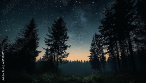 Silhouette of pine tree in starlit forest under Milky Way generated by AI