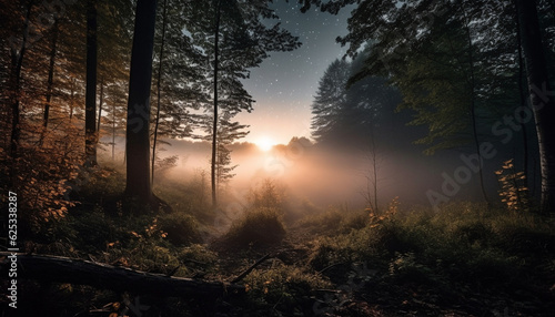 Tranquil forest landscape  mysterious beauty in nature at dawn generated by AI
