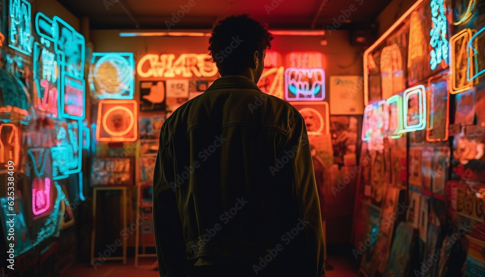 One young adult male standing, illuminated by vibrant nightclub lighting generated by AI
