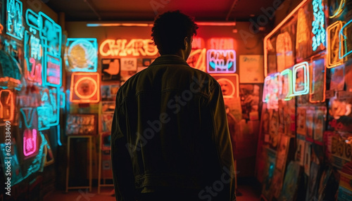 One young adult male standing, illuminated by vibrant nightclub lighting generated by AI © djvstock